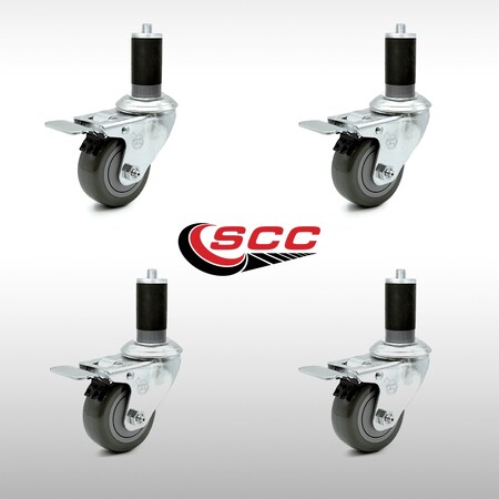 3.5 Inch SS Gray Poly 1-1/2 Inch Expanding Stem Caster Set Total Lock Brake SCC